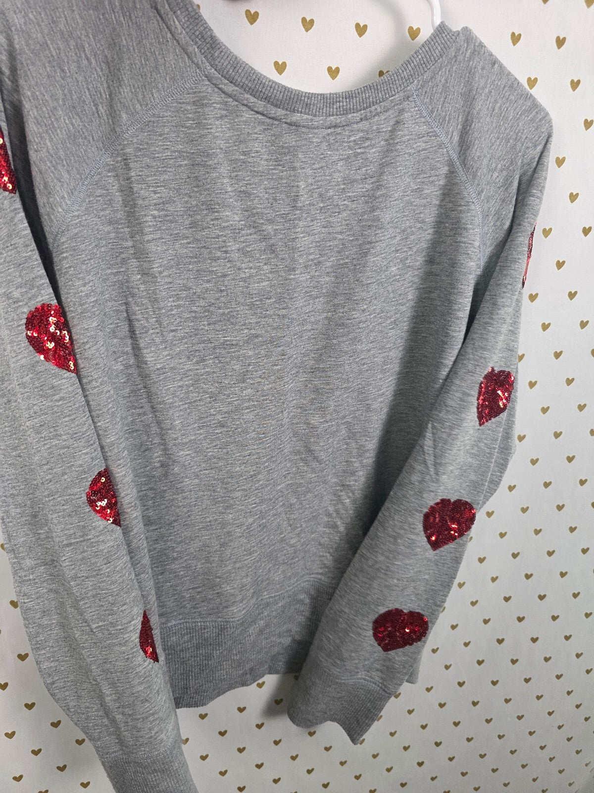Victorias Secret Pink BLING Sequined HEARTS Sweater Shirt Super Soft Grey XL