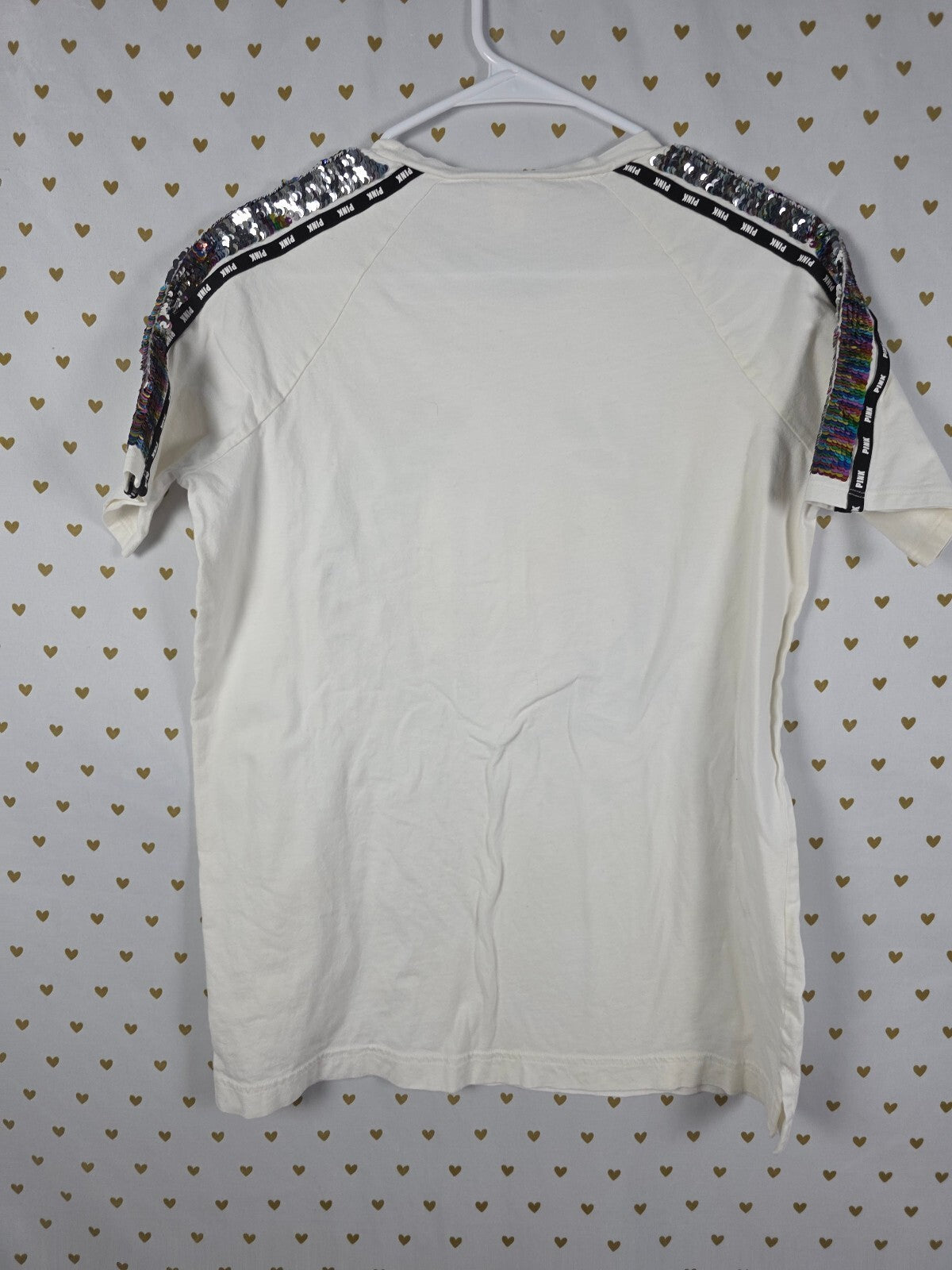 Victoria's Secret PINK Sequin Logo T Shirt Flip Rainbow Sequins White S