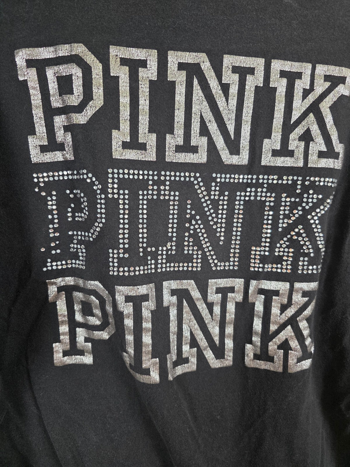 Victorias Secret PINK Black Long sleeve Bling Logo tee shirt Large