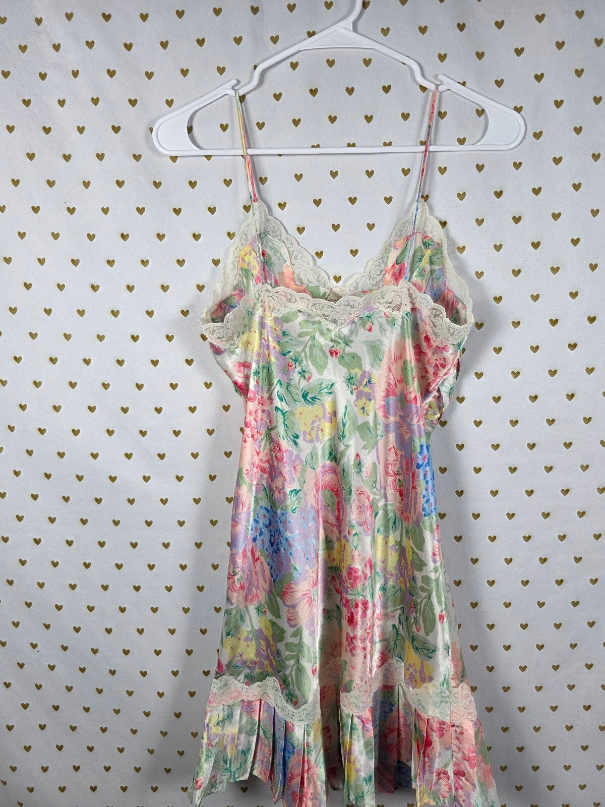 Vintage Victoria's Secret Gold Label Satin Floral Slip Dress Lace Pleated S