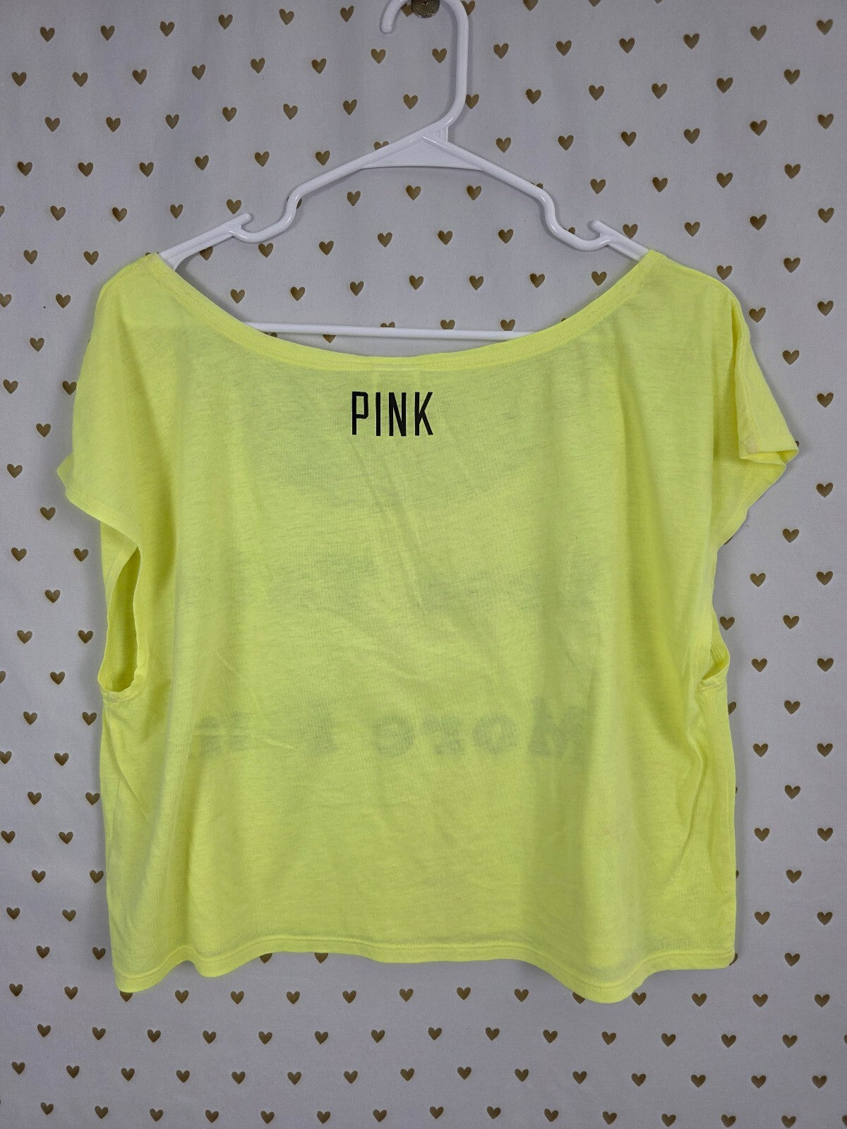 Victoria's Secret PINK Less Talk More Fun Tee L Neon Yellow Crop Graphic Shirt
