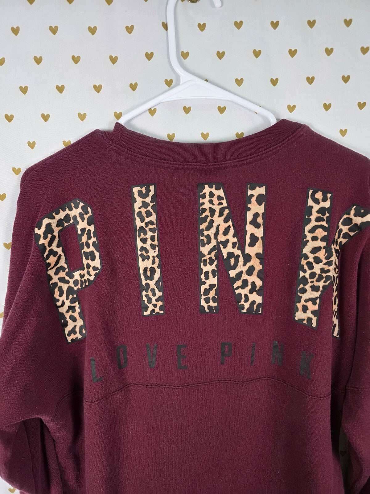 Victorias Secret Pink Maroon Cheetah Leopard Logo Oversized Sweater Shirt SM