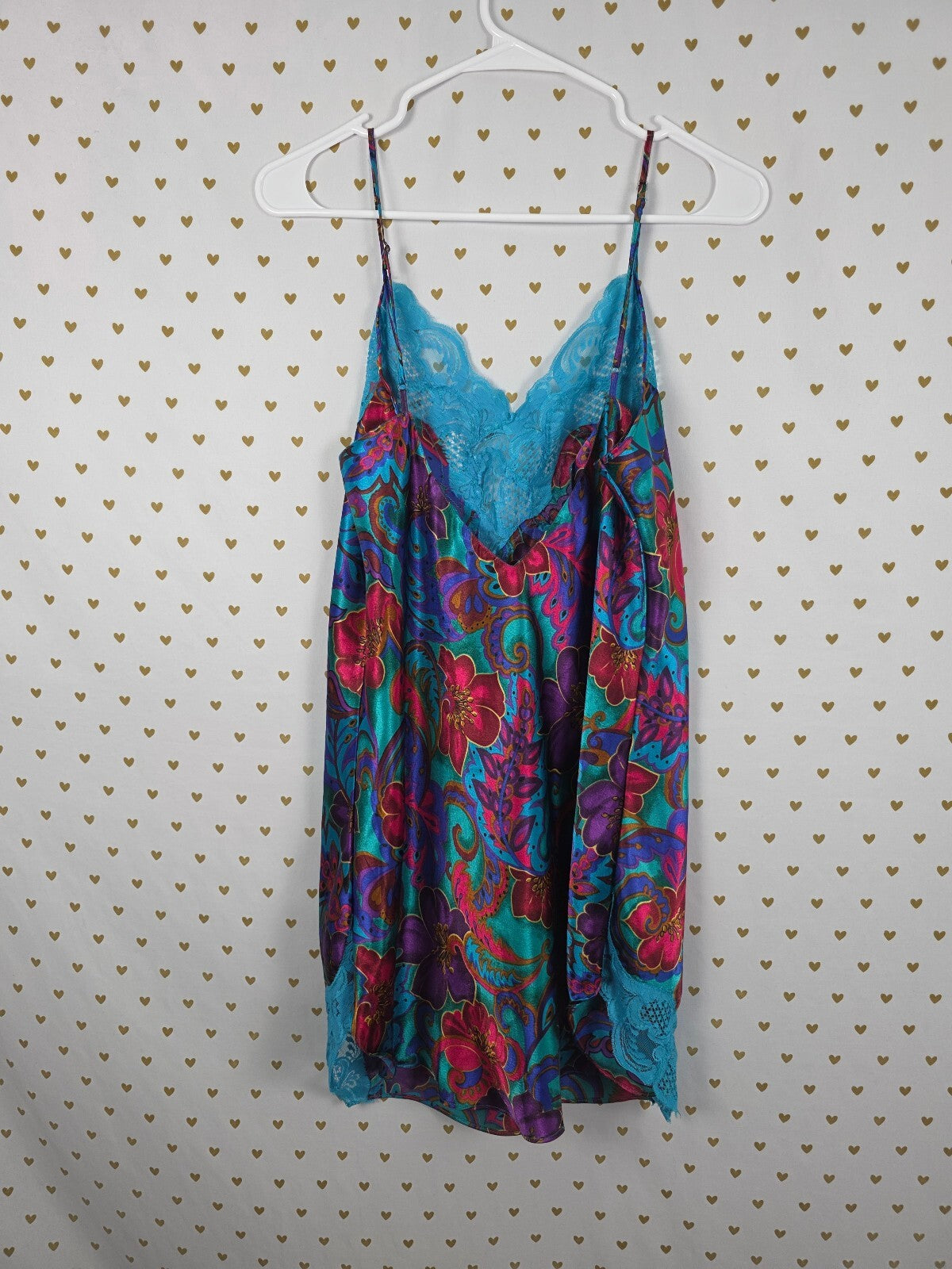 Vintage Victoria's Secret Satin Chemise L Floral Paisley Turquoise Lace 90s