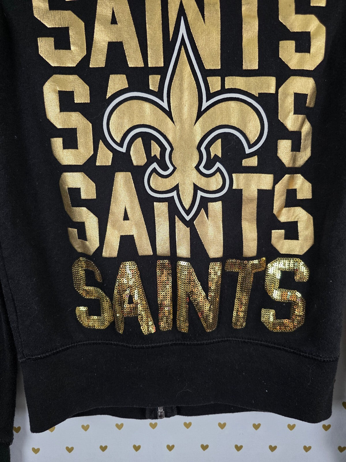 VS PINK NFL New Orleans Saints Hoodie XS Black Gold Sequin BLING Full Zip
