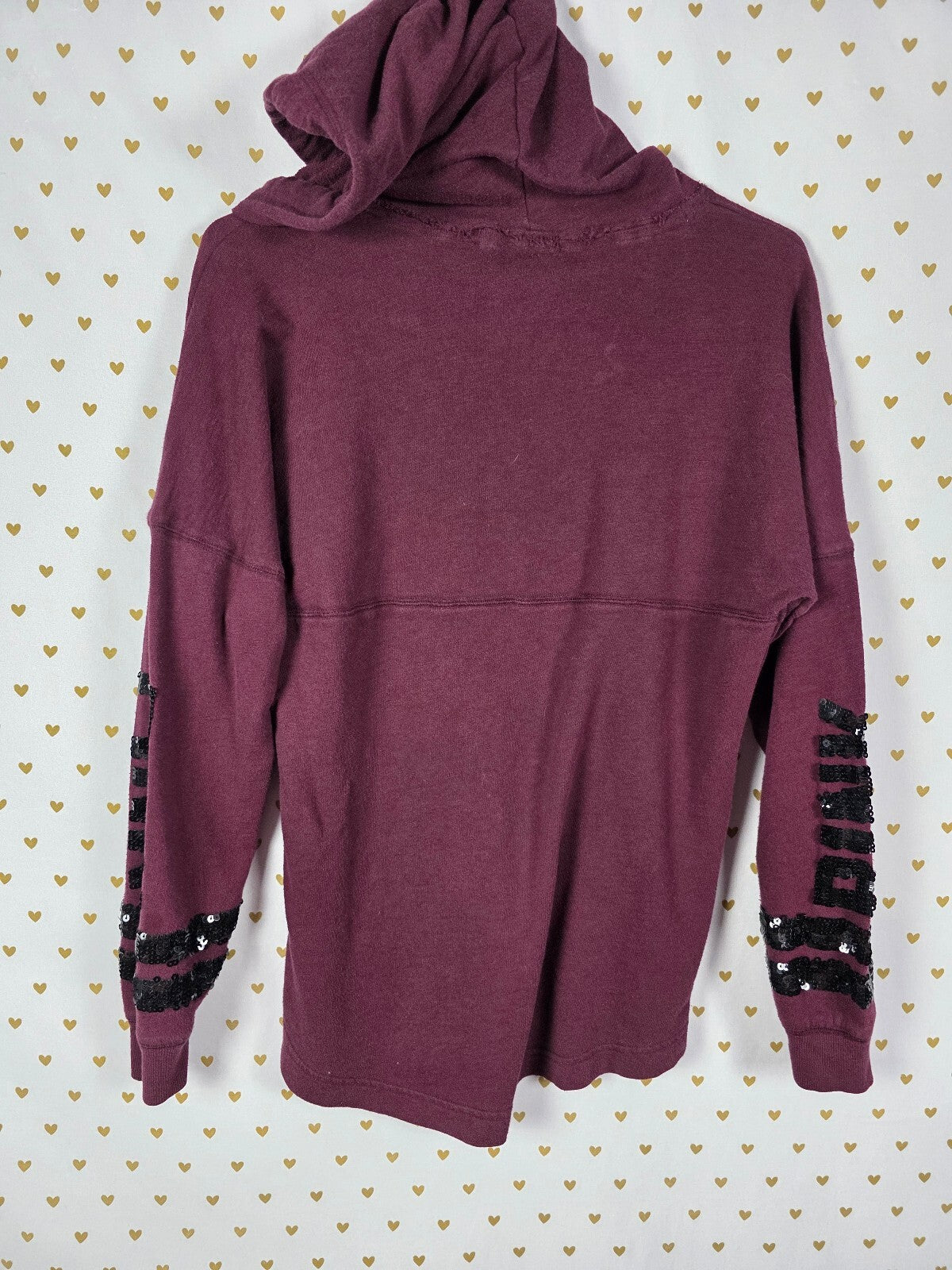 Victorias Secret Pink Maroon Bling Sequined Pullover Hoodie Tee Small