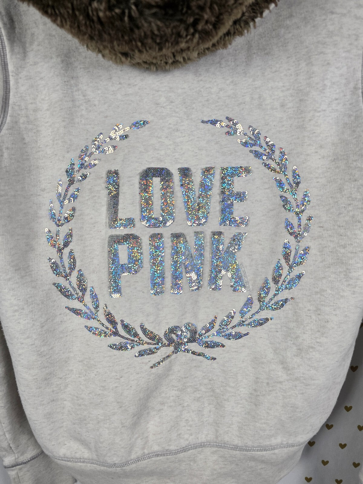 Victoria’s Secret PINK LOVE PINK Sequin BLING Faux Fur Zip Hoodie S Rare