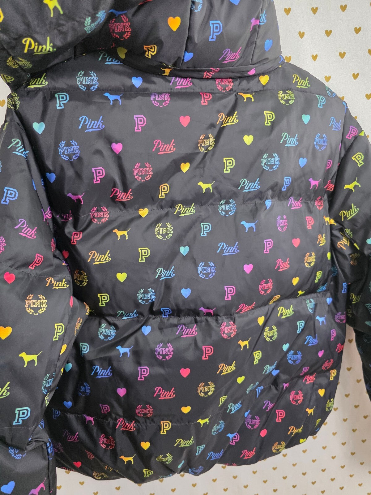 RARE Victoria’s Secret PINK Rainbow Logo Puffer Jacket Hooded Small Black