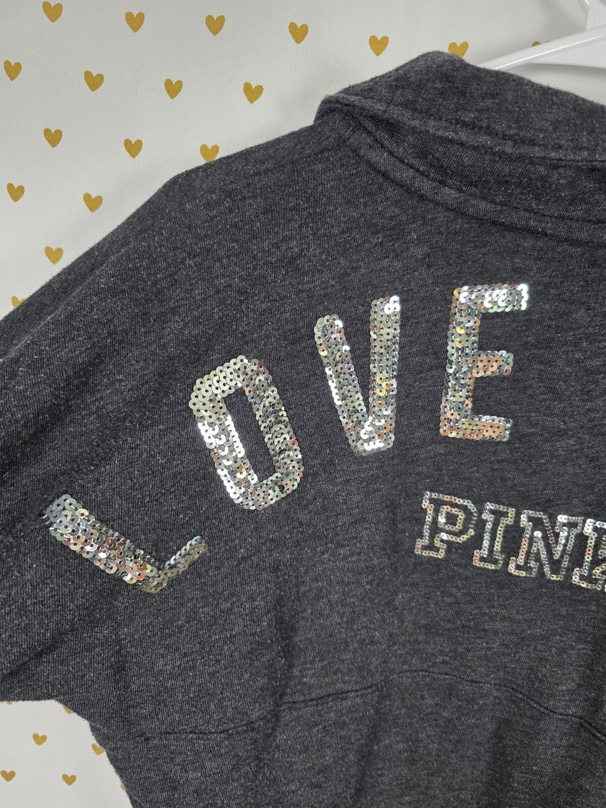 Victoria's Secret PINK Love Sequin Dog Pullover Sweatshirt Gray Y2K xs Oversized