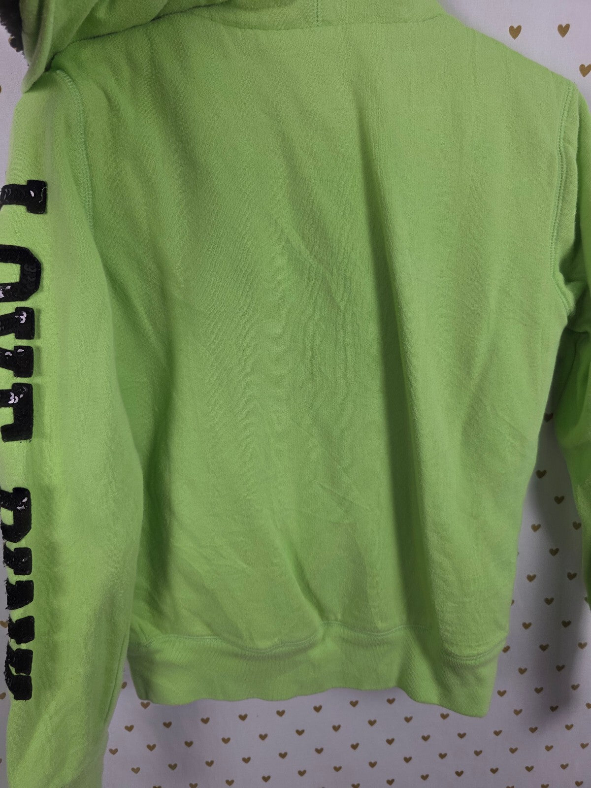 Victoria's Secret PINK Hoodie S Green Sequin LOVE PINK Faux Fur Full Zip BLING