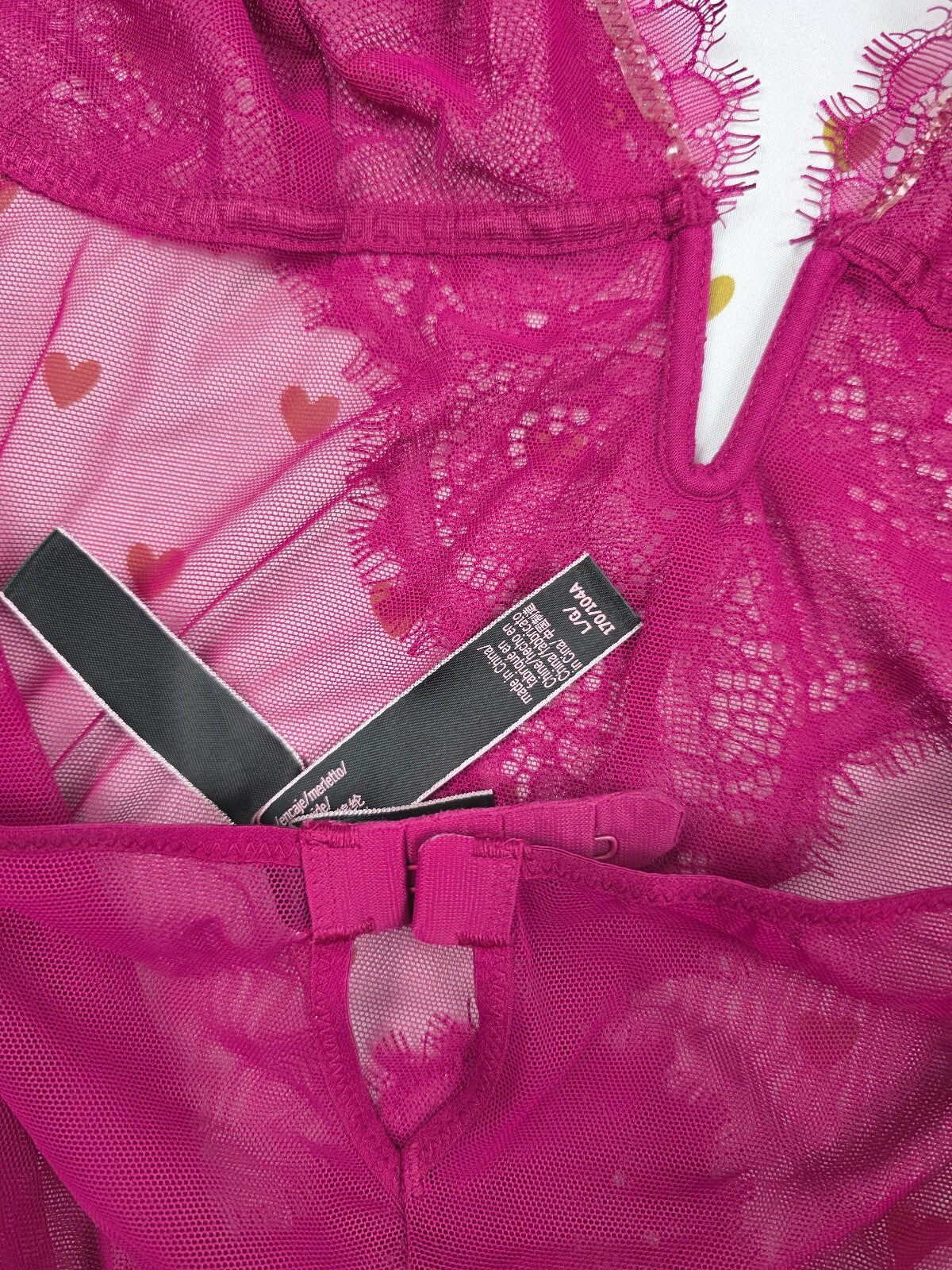 Victorias Secret Sheer Purple V string Teddy Halter Bodysuit Thong Large