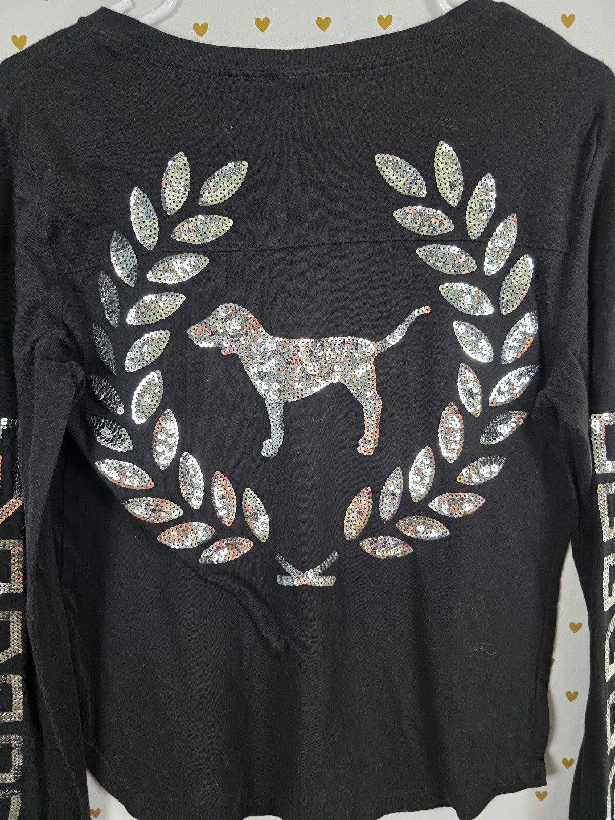 Victorias Secret PINK Long Sleeve Black Bling crest Sequined Tee shirt Medium
