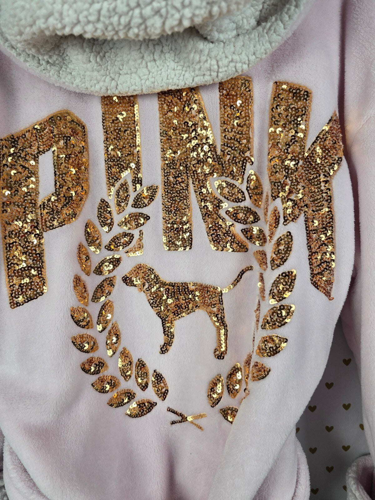 Victorias Secret Pink Thick Fluffy Bling Sequined Gold Crest Hooded Robe Med L