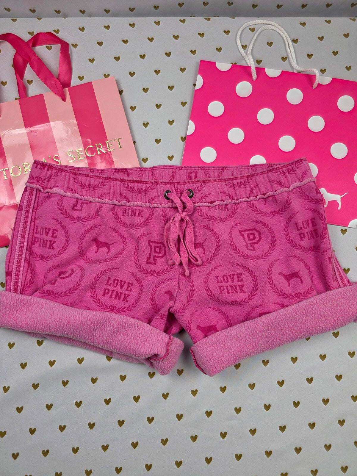 Vintage Victoria's Secret PINK University All Over Print Fleece Shorts Pink M