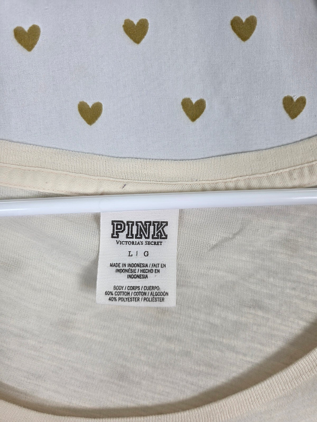 Victorias Secret PINK Love Heart Off White Tee shirt Large