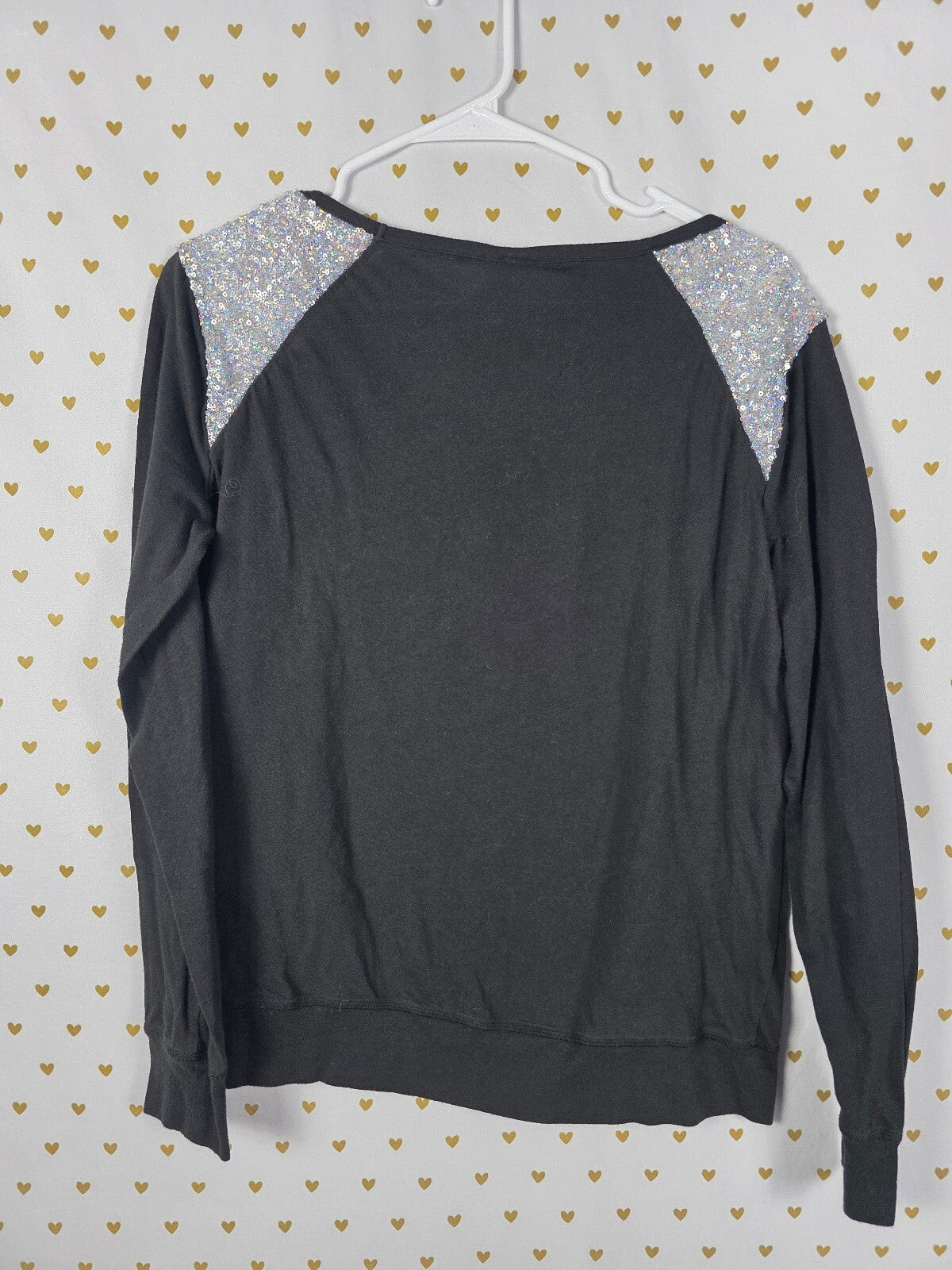 Victorias Secret PINK BLING Sequined Raglan Long Sleeve Logo Tee Shirt LARGE