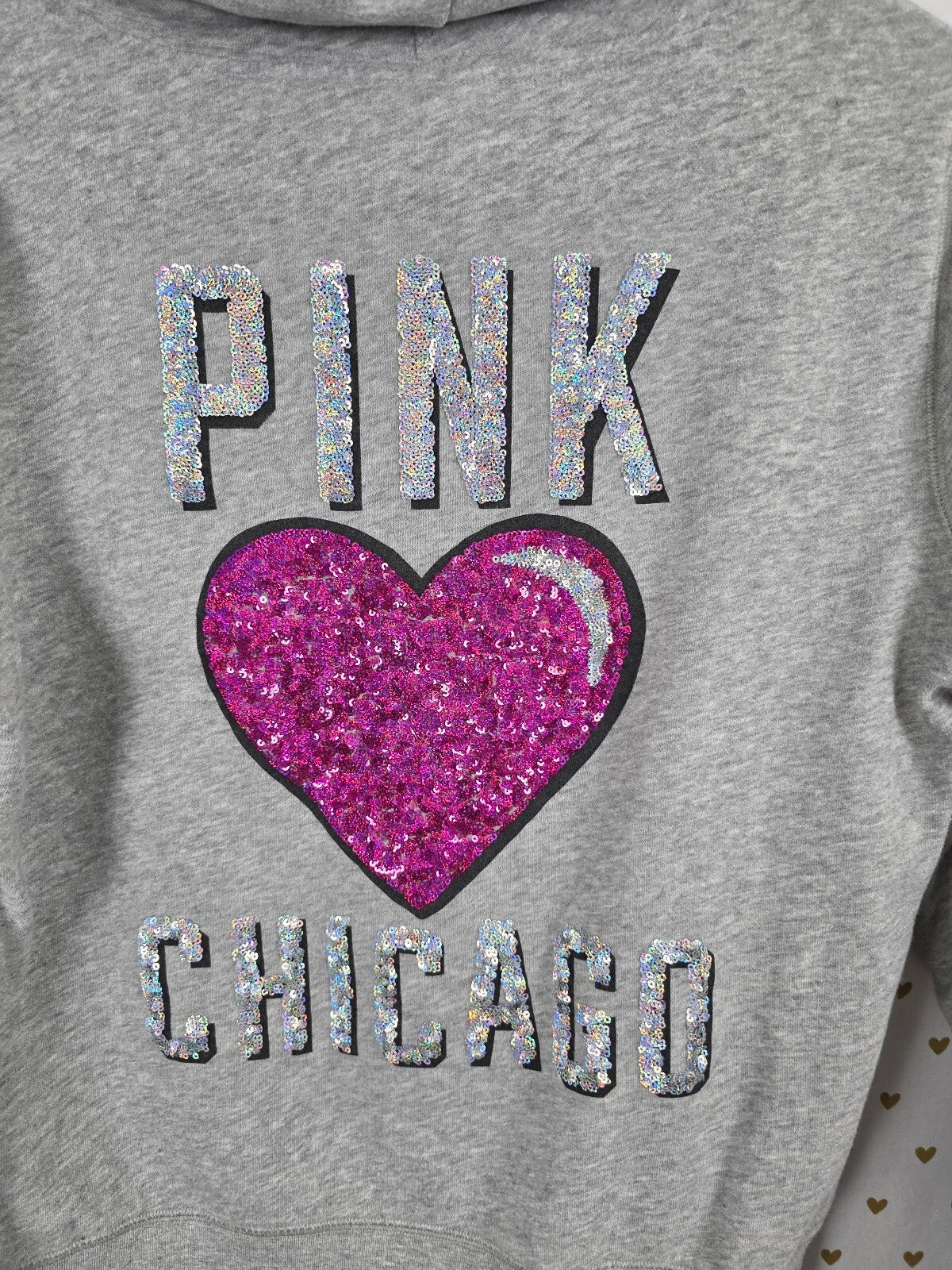 Victorias Secret Pink CHICAGO Bling Heart Sequined Full Zip Hoodie Jacket LARGE