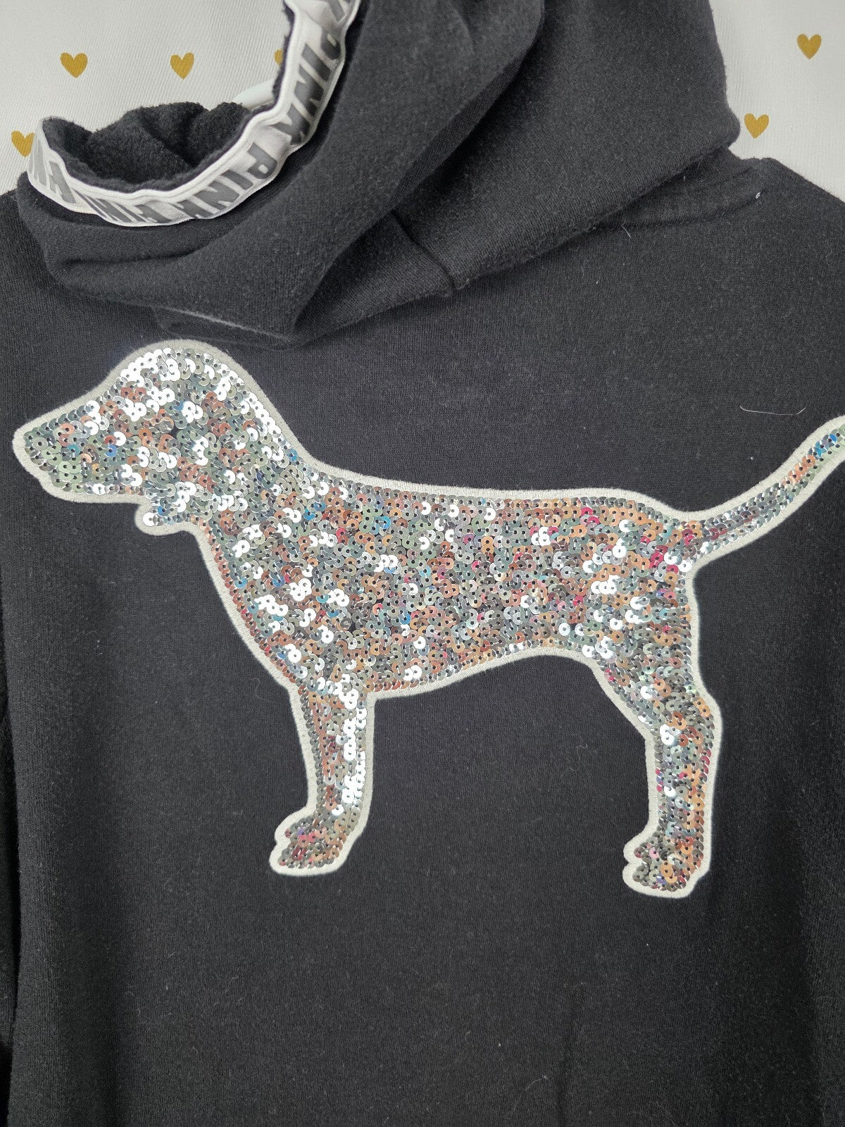 Victorias Secret Pink BLING SEQUINED DOG Pullover Hoodie Sweater LARGE
