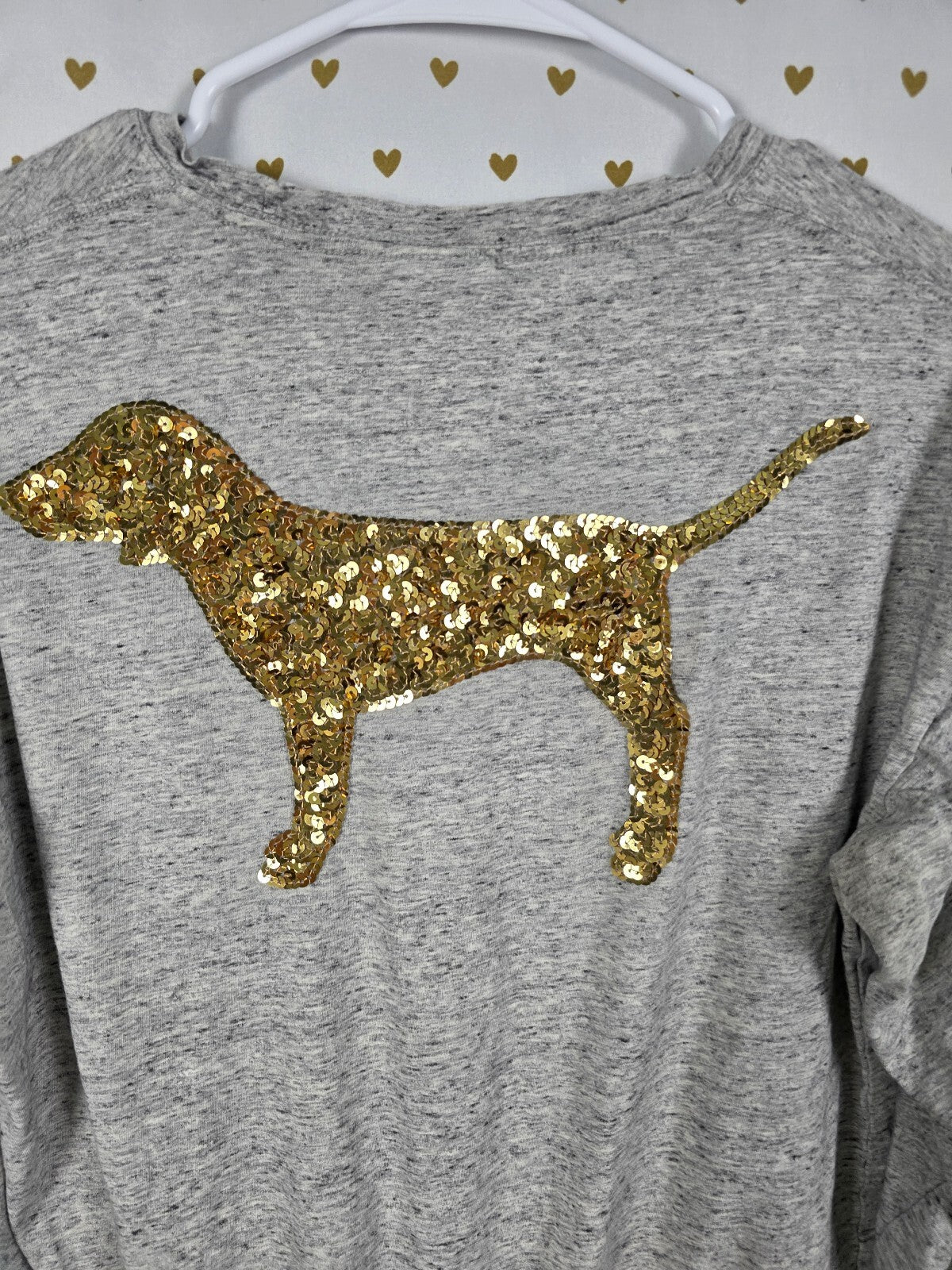 Victorias Secret PINK Gold Bling Sequined Dog Logo Long sleeve tee shirt SMALL