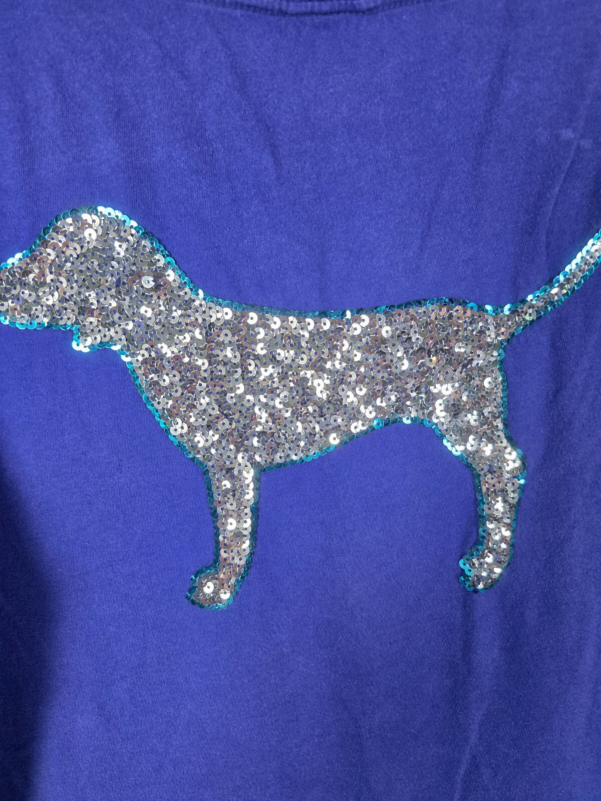 Victorias Secret PINK Blue SILVER BLING Dog Logo Tee shirt XS Oversized