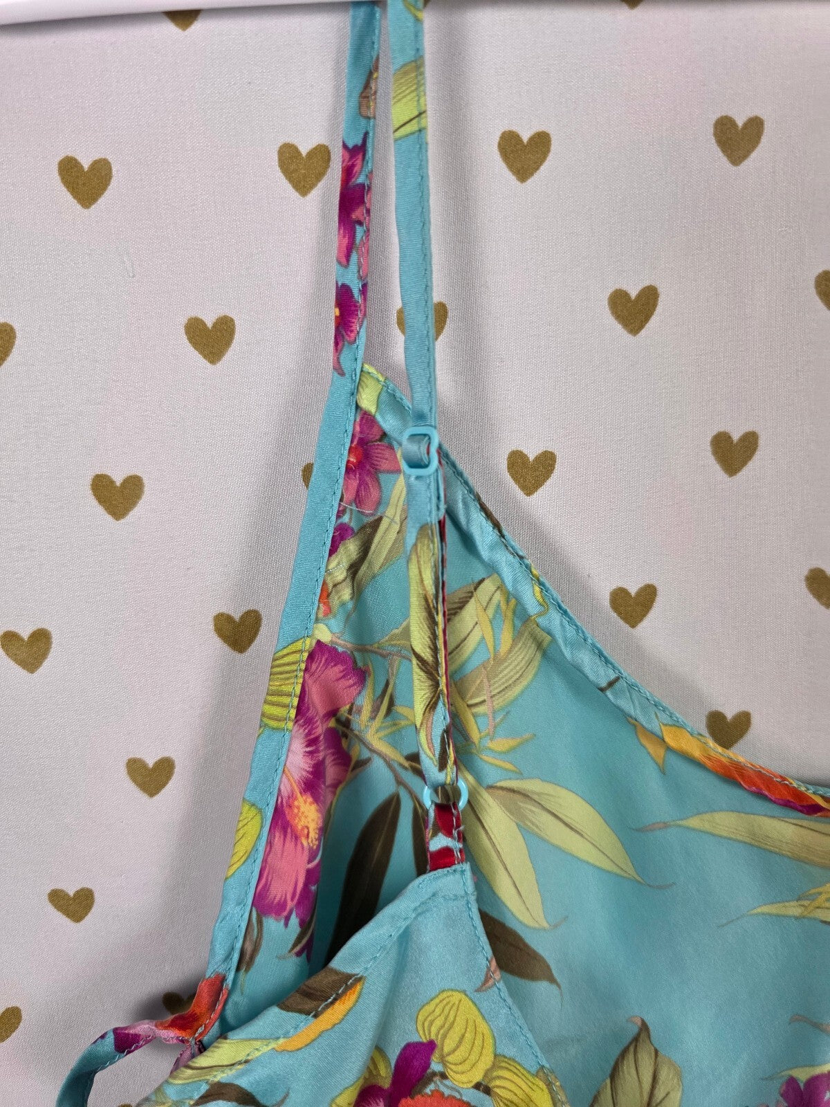Vintage Victoria's Secret 100% Silk Slip Dress L Blue Tropical Floral Lace Up