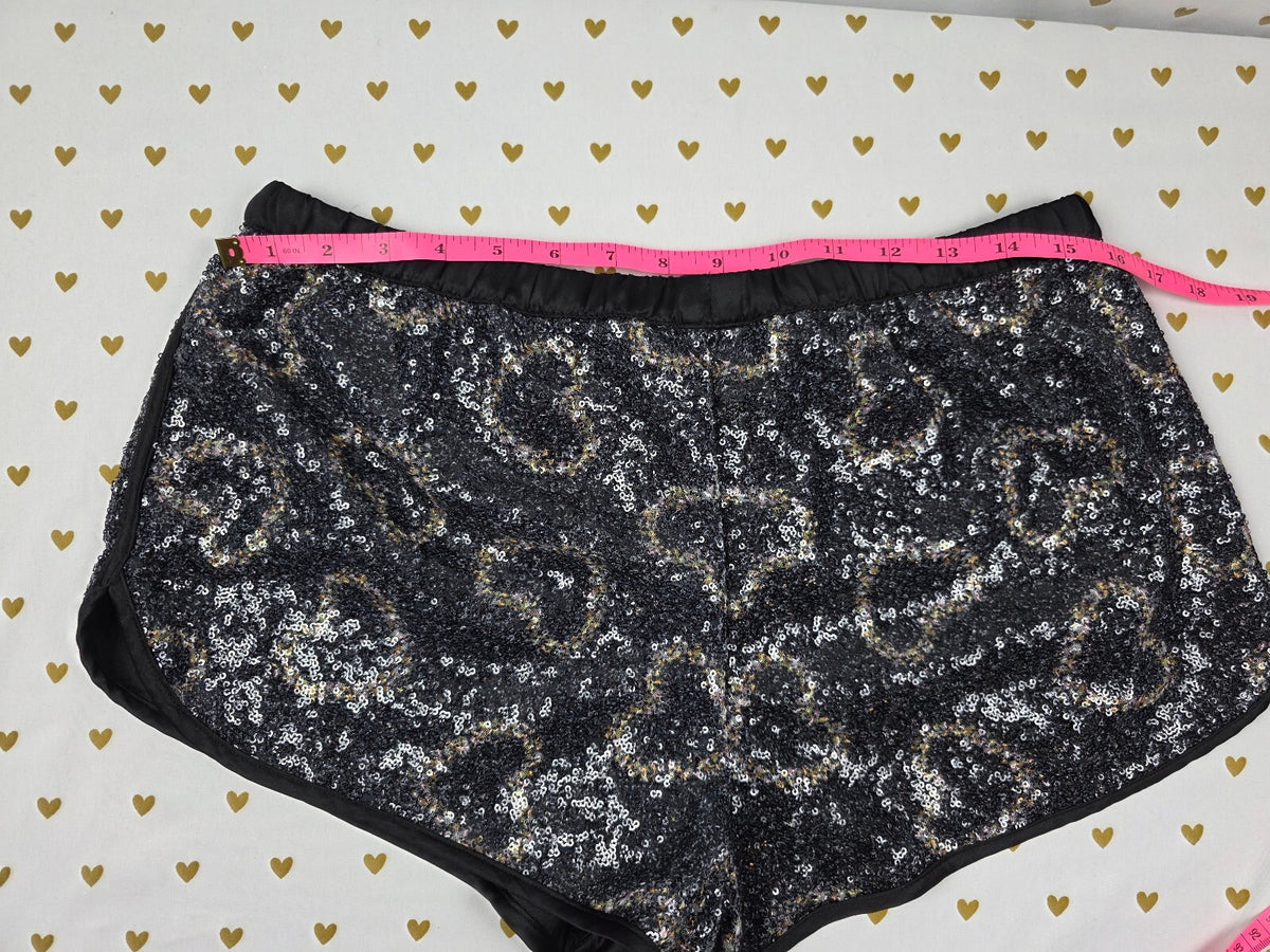 Victoria's Secret NWT Black Sequin Leopard Lounge Sleep Shorts Satin Heart M