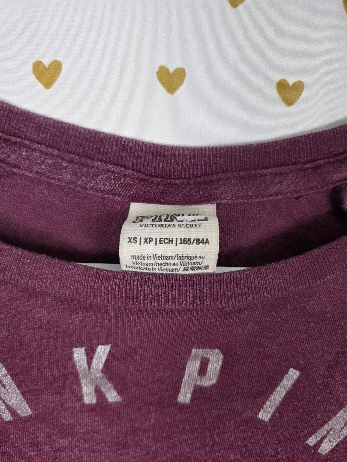 Victorias Secret PINK Maroon BLING Logo Tee shirt Sequined Silver XS