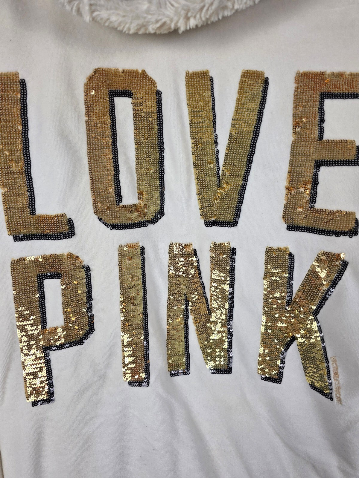 Victorias Secret Pink Vintage Y2k BLING gold Velour Hoodie Jacket FUR LINED SM