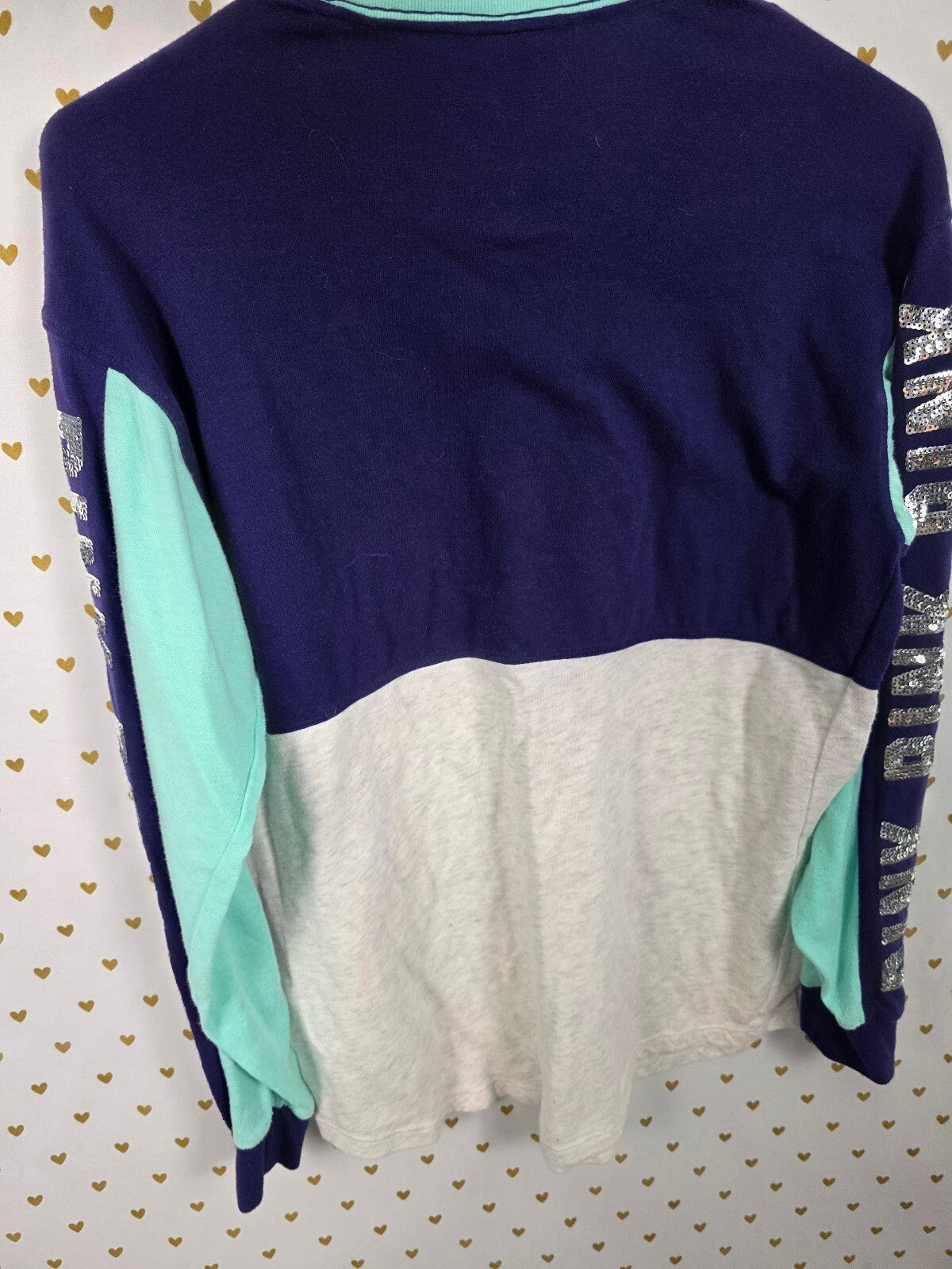Victorias Secret PINK Bling Silver sequin Logo Long Sleeve Tee shirt Colorblock