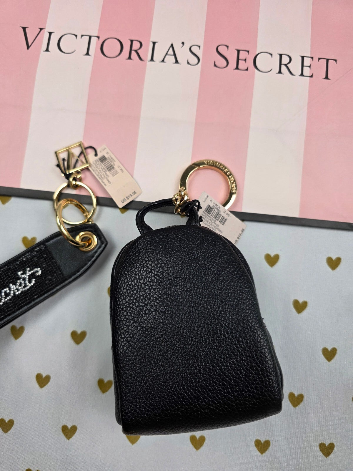 Victoria Secret BLING wristlet strap keychain Logo & Backpack Pouch NEW NWT SET