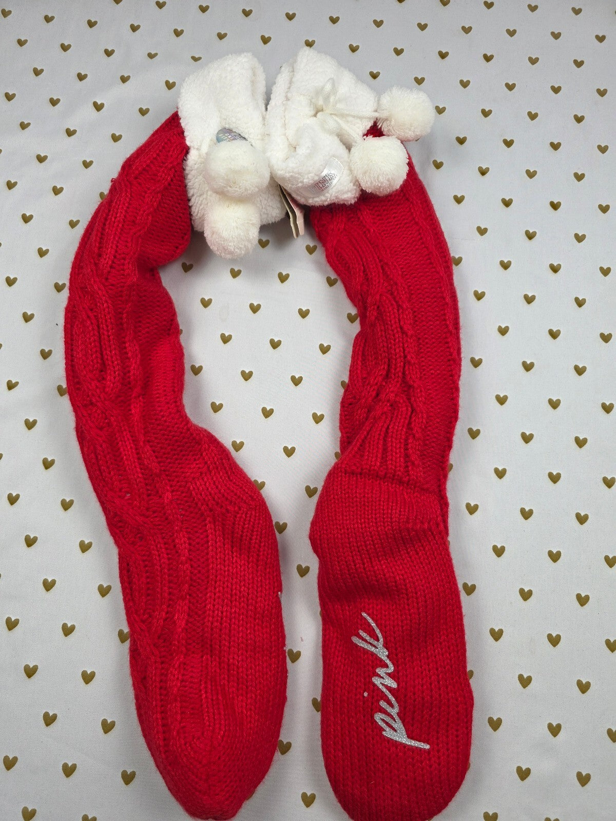 Victoria's Secret PINK Red Cable Knit Sherpa Lined Slipper Socks NWT OS