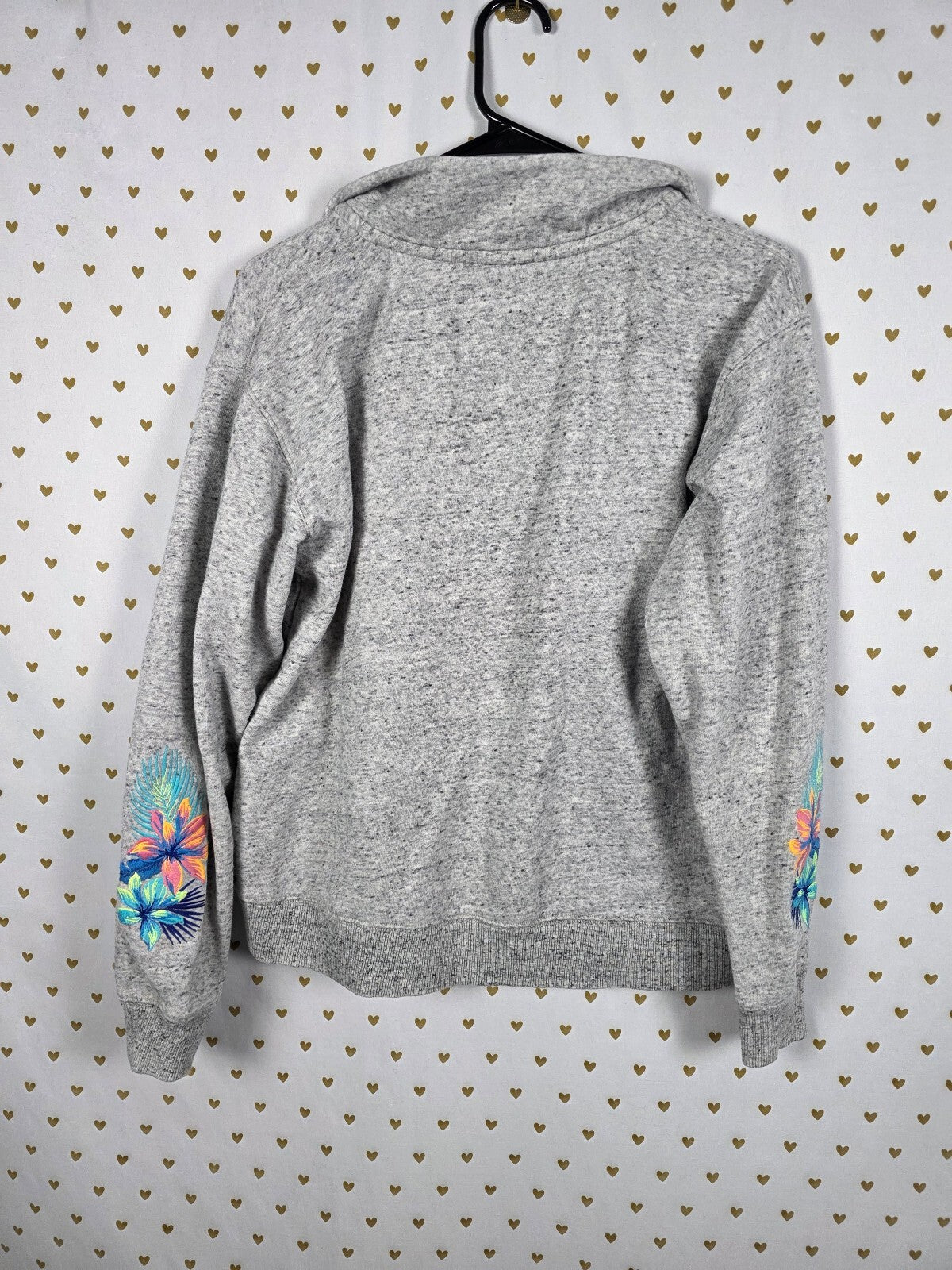 Victorias Secret Pink Embroidered Hibiscus Quarter Zip Grey Sweater SMALL