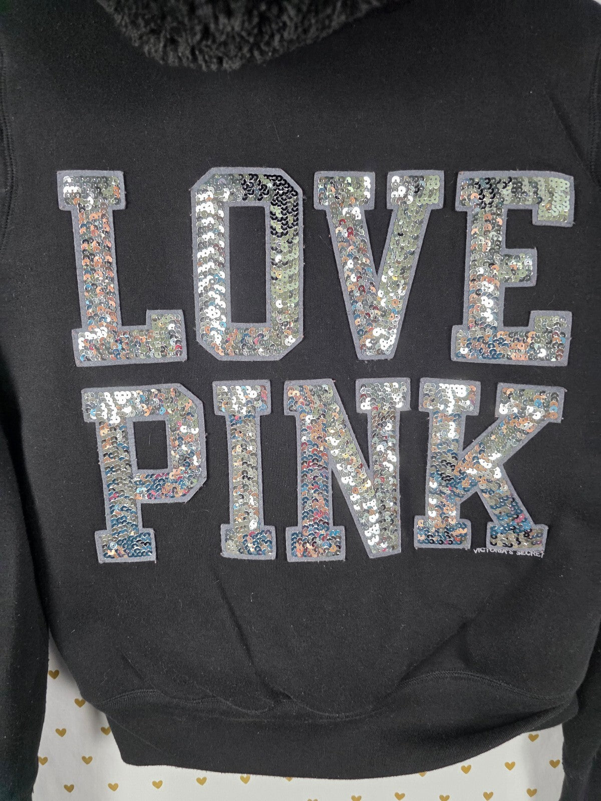 Victorias Secret Pink Fur Lined Bling Hooded Jacket Sequined Medium