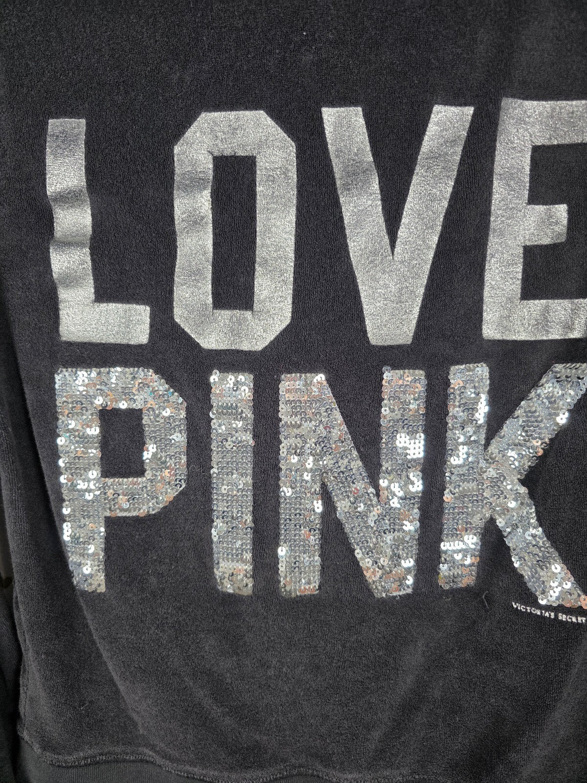 Victorias Secret Pink Vintage Y2K VELOUR Hooded Full Zip Black Jacket Sequin SM