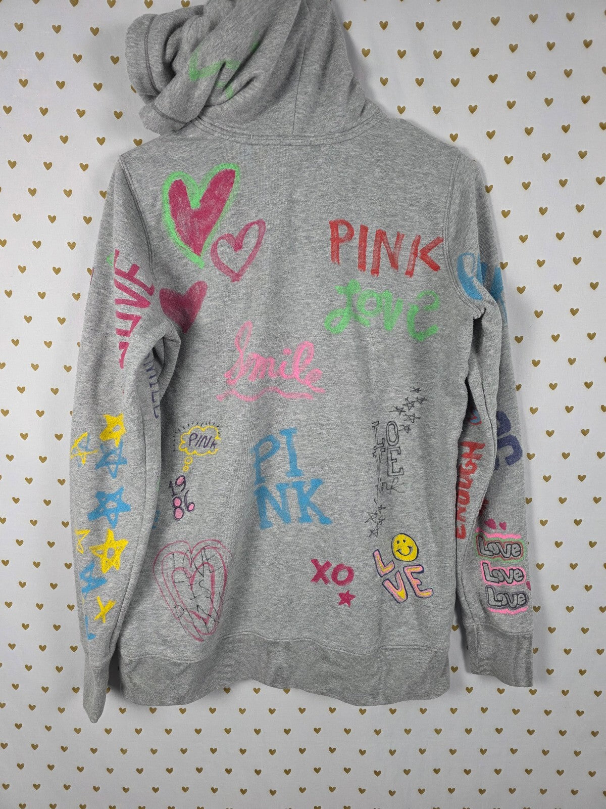 Vintage VS PINK Graffiti Doodle Full Zip Hoodie Gray Y2K Hearts Love M