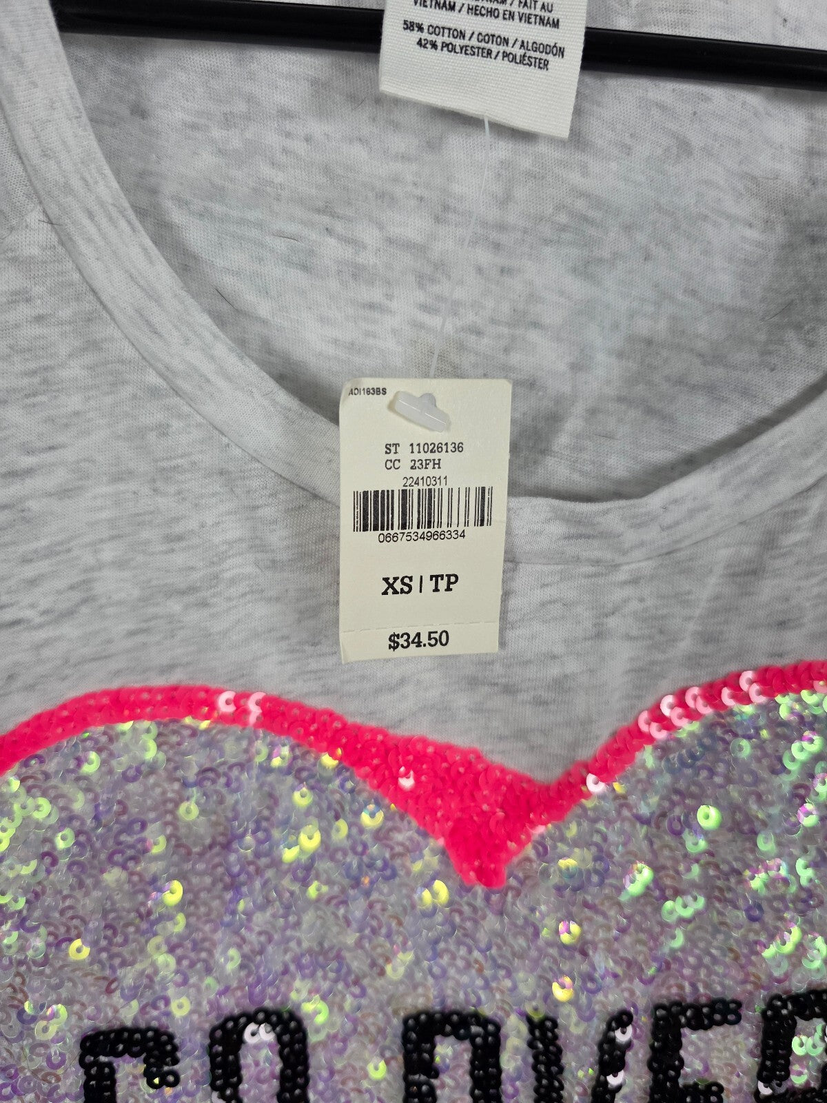 NWT Victoria's Secret PINK Sequin Heart So Over It Graphic Tee Shirt Gray XS