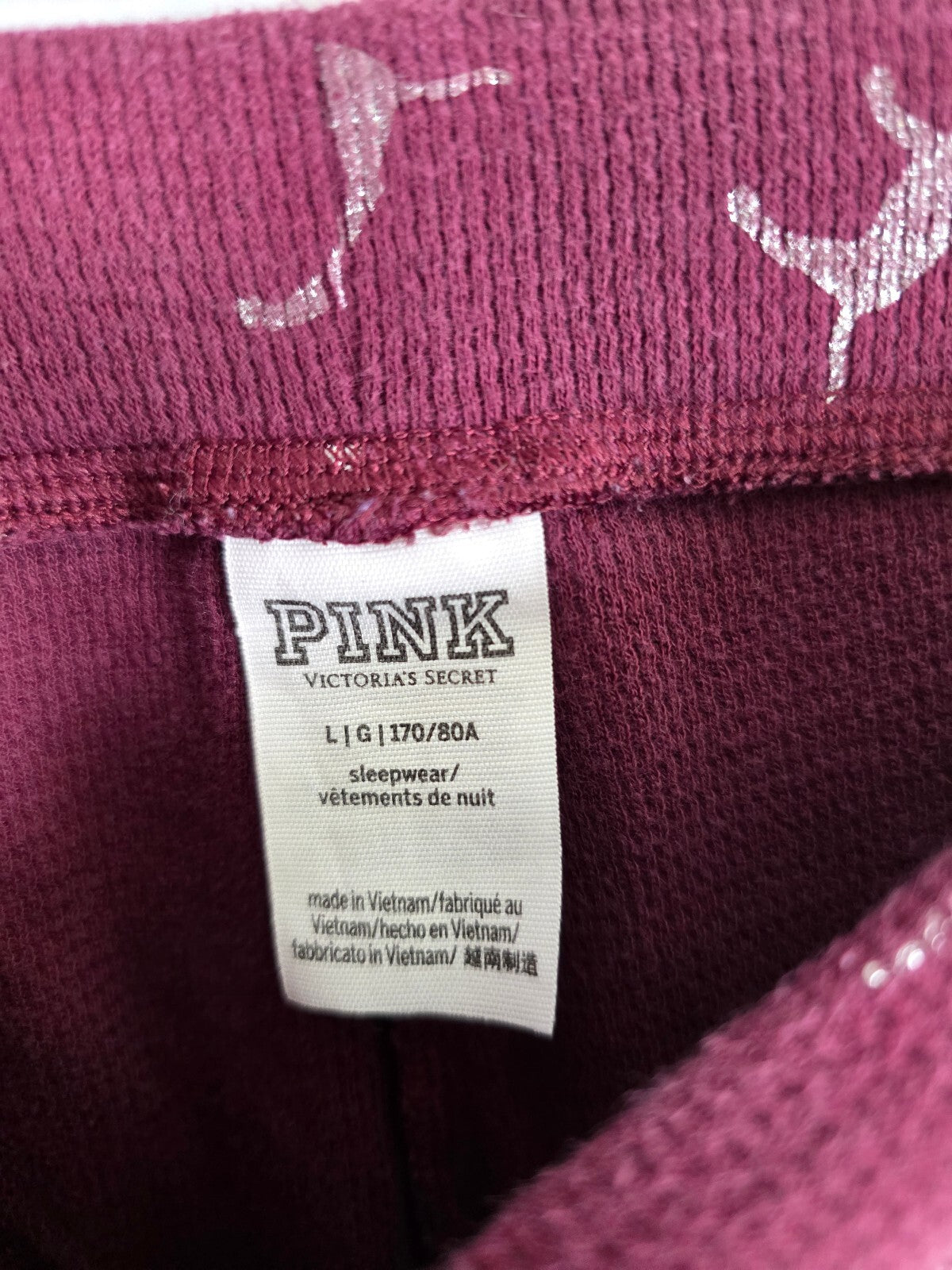 Victorias Secret Pink Maroon Dog Logo Large Sleep Pants Pajama PJ Bottoms