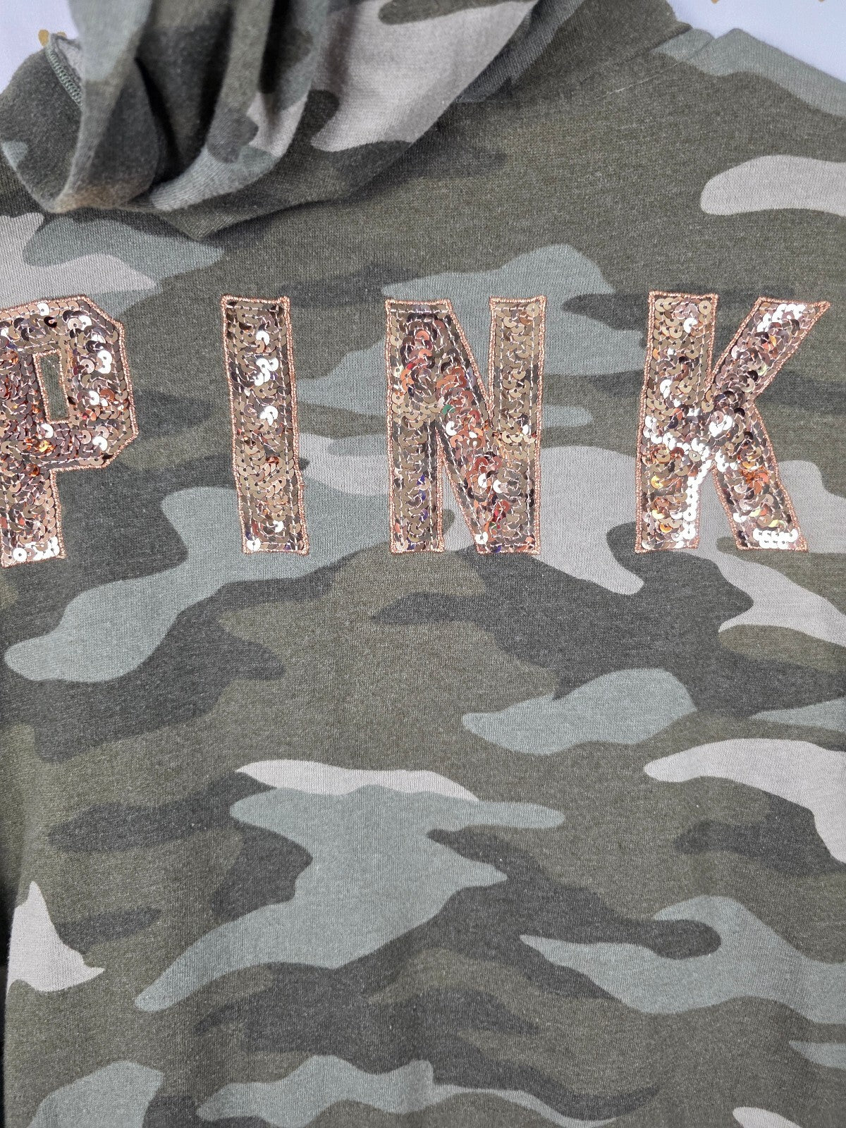 Victorias Secret Pink CAMO FLORAL BLING Sequin Gold Full Zip Hoodie Jacket SMALL