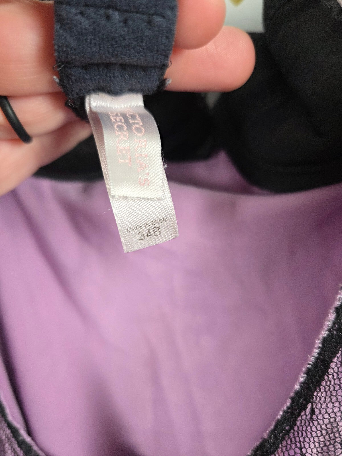 Victoria's Secret 34B Purple Black Lace Mesh Babydoll Chemise Lingerie Y2K