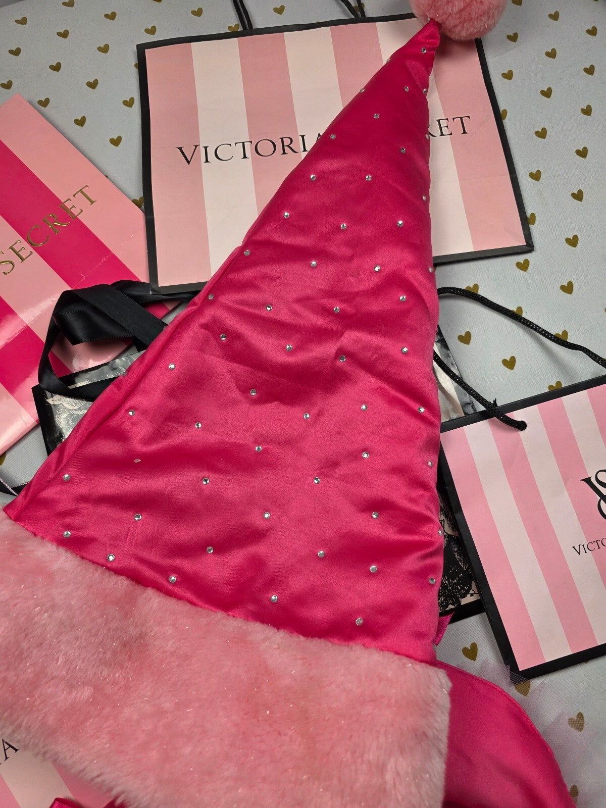 Victoria's Secret Sexy Little Things Pink Satin Santa Hat & Bow Skirt Set BLING