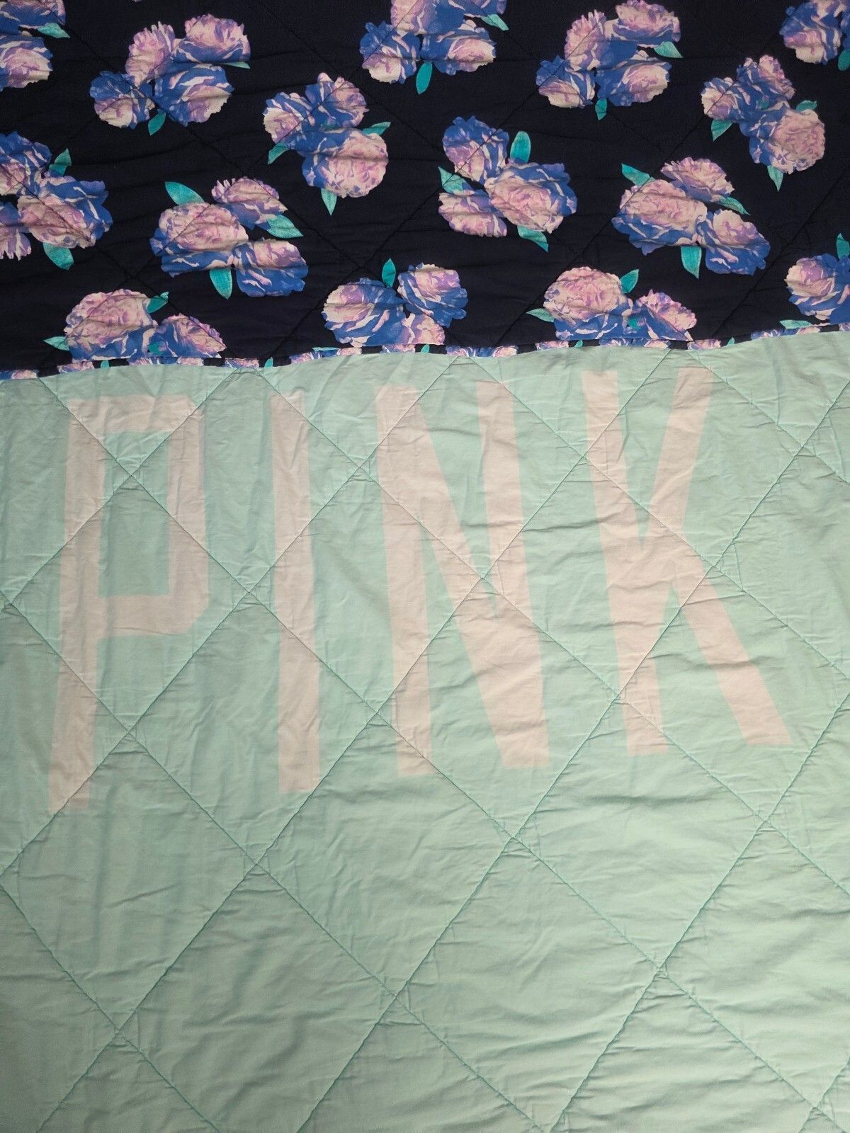 Victoria's Secret PINK Twin Reversible Quilt Navy Floral Mint Logo RARE HTF