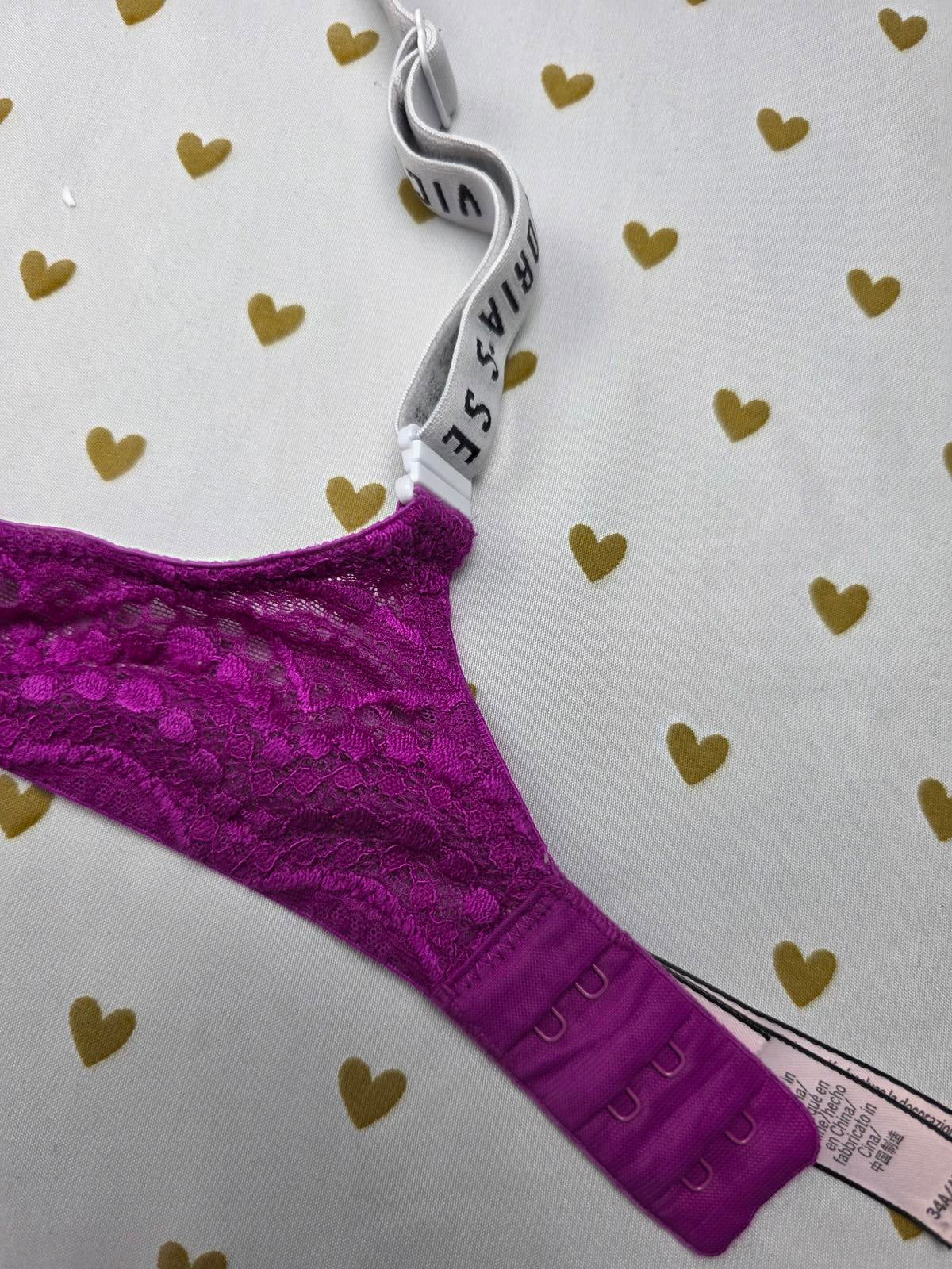 Victorias Secret Purple Lace Logo Strap Lined No Wire Wireless Bra 34A
