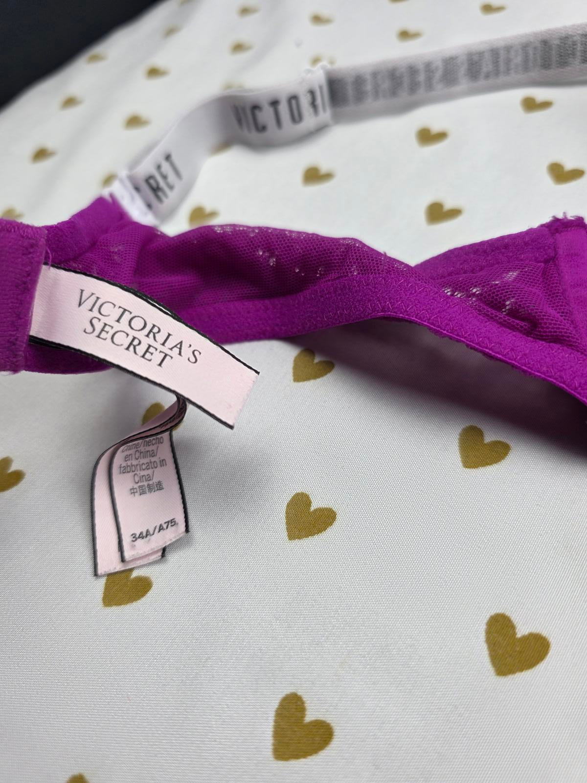 Victorias Secret Purple Lace Logo Strap Lined No Wire Wireless Bra 34A
