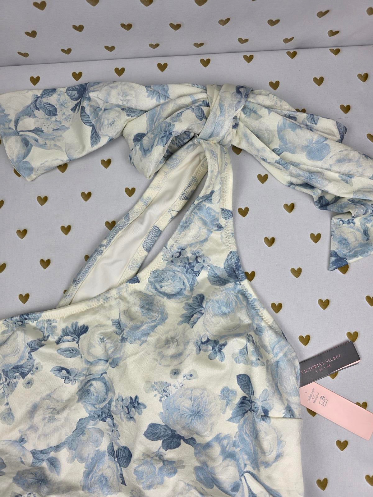 Victoria’s Secret Bow One Shoulder One Piece White and Blue Floral Size L NWT