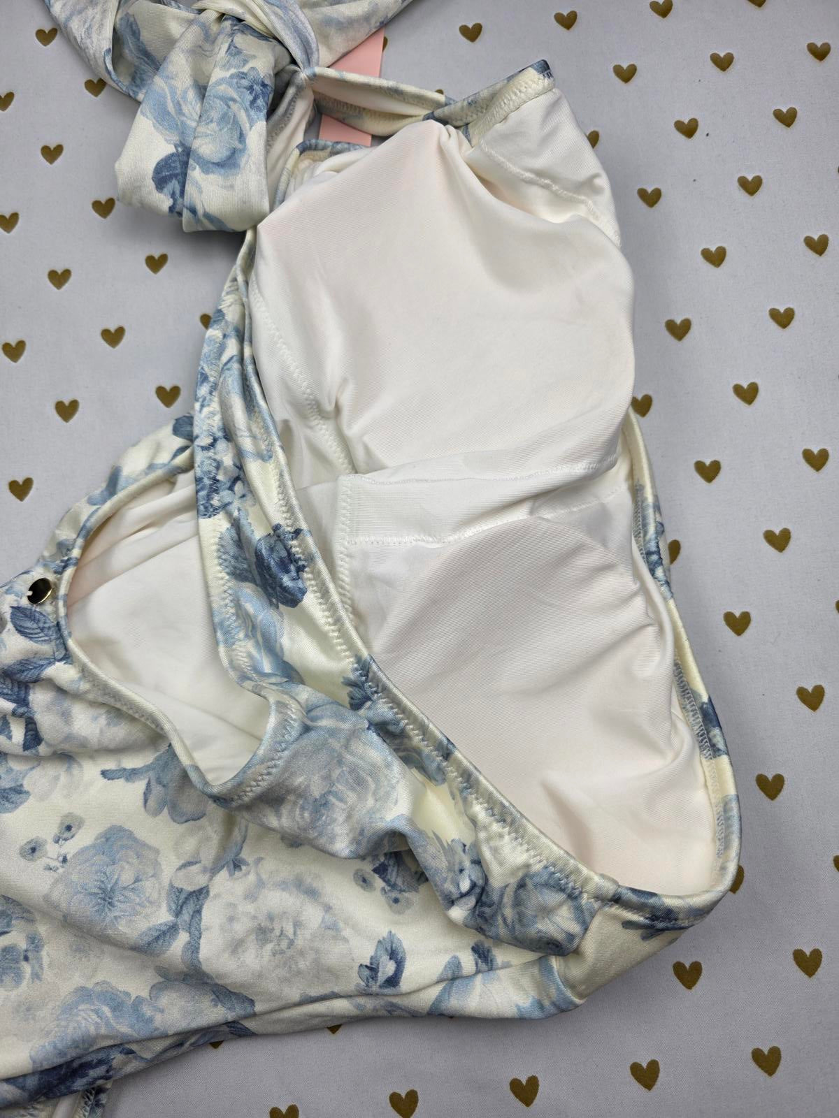 Victoria’s Secret Bow One Shoulder One Piece White and Blue Floral Size L NWT
