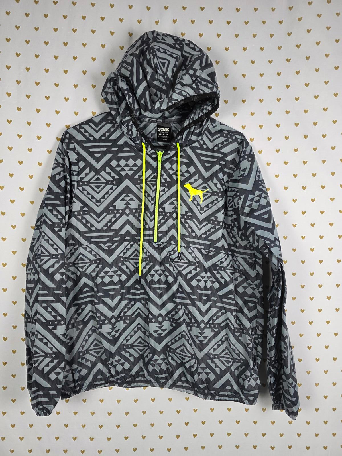 Victorias Secret Pink NEON Aztec Print Windbreaker Hoodie Jacket XS SMALL Anorak