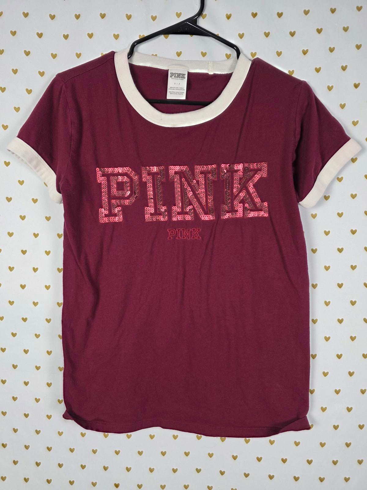 Victorias Secret PINK Logo BLING SEQUINED ringer tee shirt Small