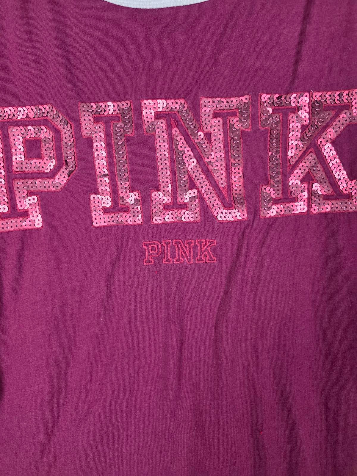 Victorias Secret PINK Logo BLING SEQUINED ringer tee shirt Small