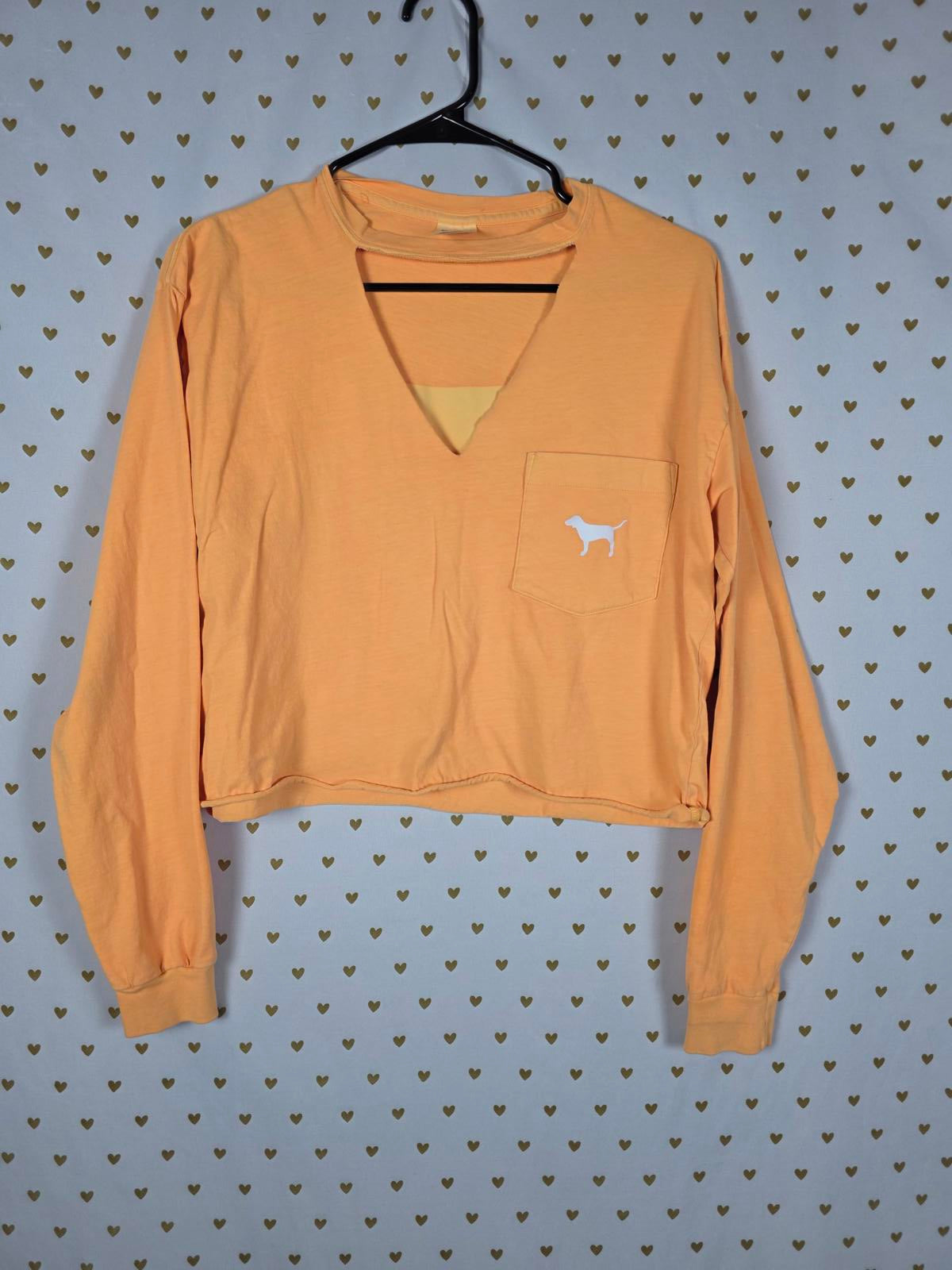Victorias Secret PINK V Neck Dog Logo Cropped Tee shirt Orange XS