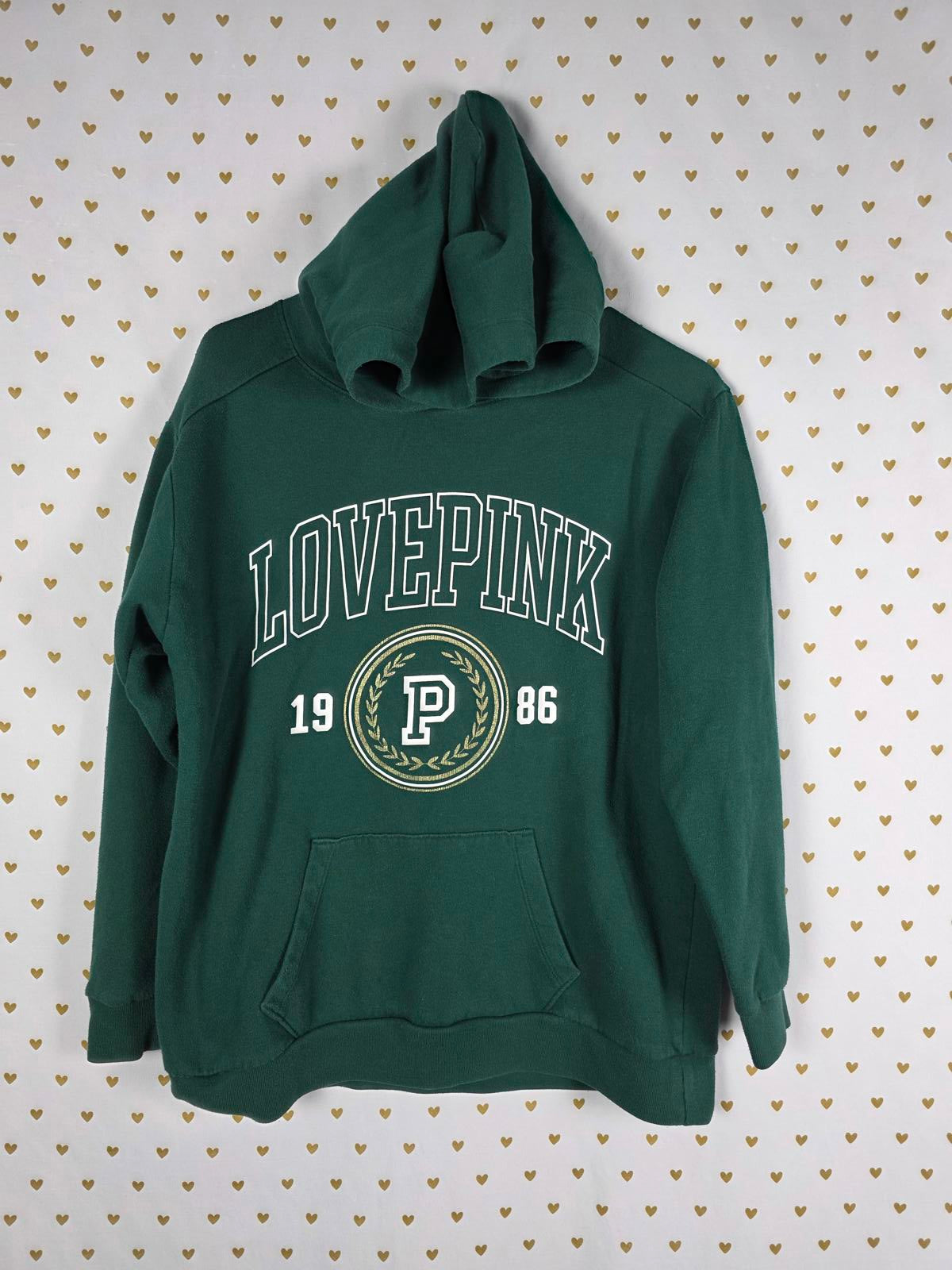 Victorias Secret Pink LOVE Green Pullover Hoodie sweater shirt warm Fleece XS