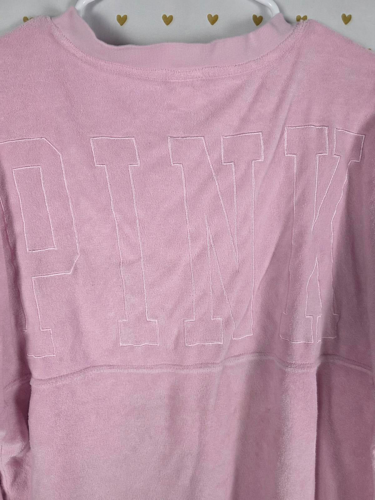Victorias Secret Pink Fuzzy V Neck Logo V neck Sweater Shirt Small Oversized